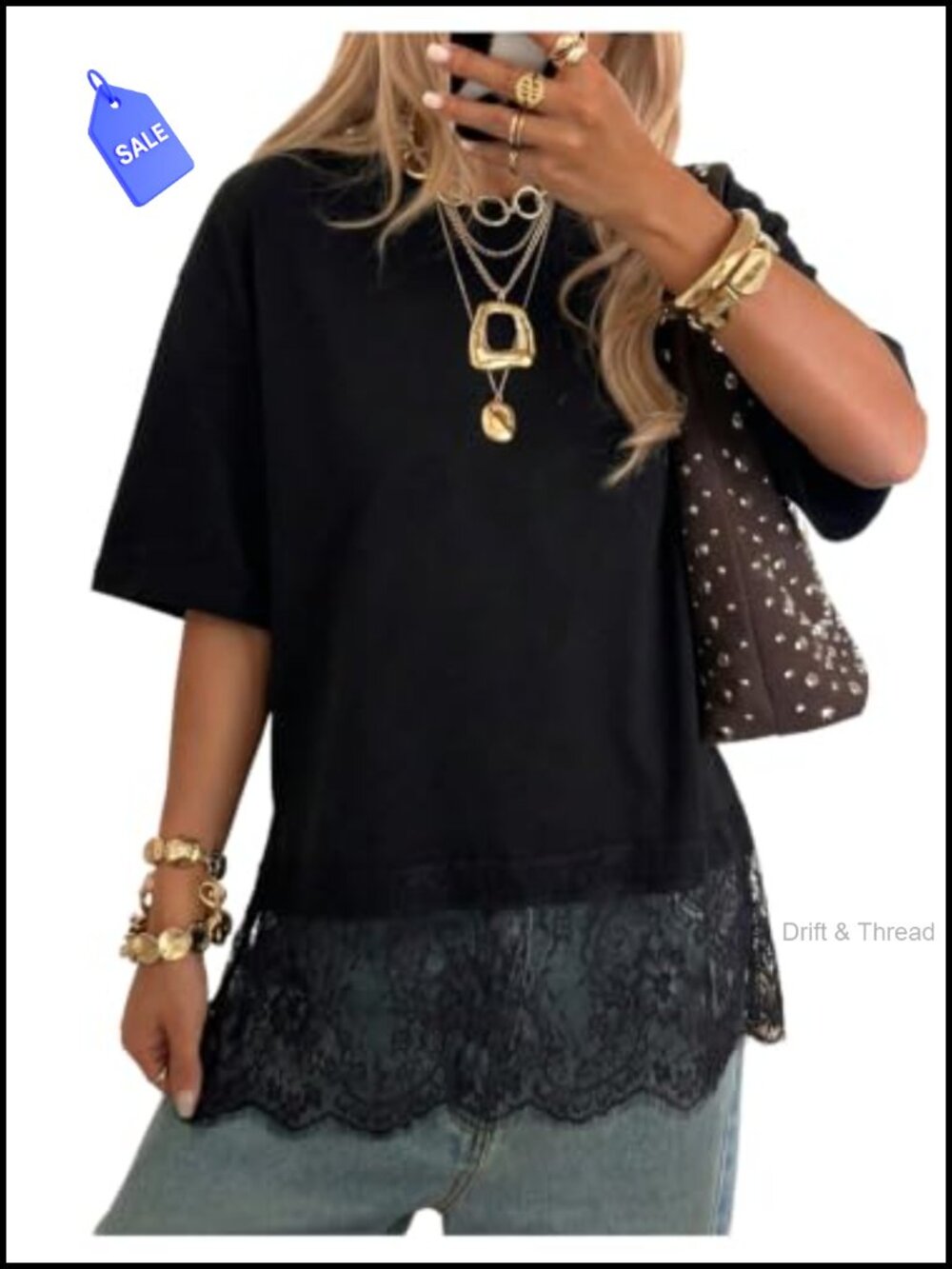 Lace Patchwork Drop Shoulder T-Shirt Women's Y2K Loose Fitting Tee